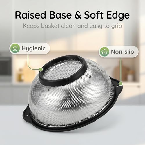 304 Stainless Steel Colander 3-Quart, Heavy Duty Metal Strainer with Riveted Handles, Micro-Perforated Food Strainer for Draining Pasta, Orzo, Rice, Berry, Stable Ring Base, Rust Free - size: 3QT-Black edge