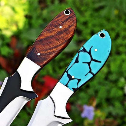 Custom Handmade 7'' fixed blade hoof rasp knife Cow boy knife Turquoise Handle Damascus steel Bull cutter, cowboy knives with pancake leather sheath (BLUE RESIN) - color: BLUE RESIN