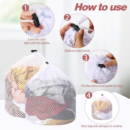 2pcs Mesh Laundry Bags for Socks, Machine Washable Drawstring Design Travel Mesh Laundry Wash Bags White Drawstring Garment Bags for Laundry Storage for Home Dorm Hotel Travel Use,12x16inch, 16x20inch