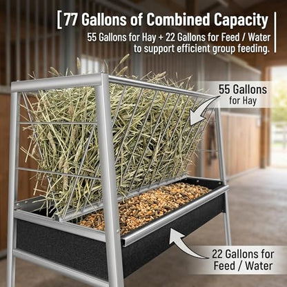 Livestock Trough 2 in 1 Hay Dispenser 55 Gallon with 22 Gallon Feeding Pan, Stainless Steel Hay Holder for Goats Sheep Calves Horses