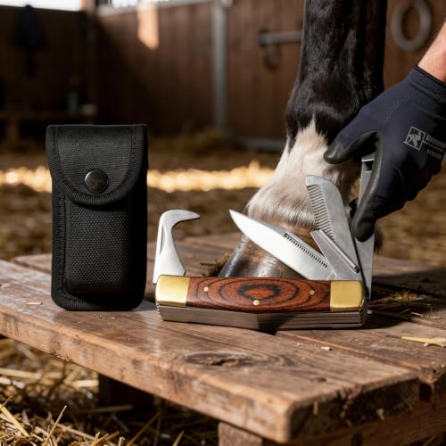 Rite Edge Horse Hoof Care Multitool – Folding Hoof Pick & Equestrian Grooming Tool for Horses and Livestock, Stainless Steel Hoof Cleaning Tool, Wood Handle, Nylon Sheath, Farrier Hoof Care Tool