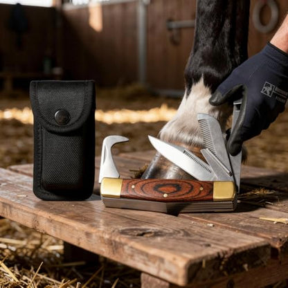 Rite Edge Horse Hoof Care Multitool – Folding Hoof Pick & Equestrian Grooming Tool for Horses and Livestock, Stainless Steel Hoof Cleaning Tool, Wood Handle, Nylon Sheath, Farrier Hoof Care Tool