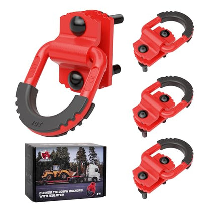 D-Ring Tie Down Anchors with Rubber Isolators, 4 Pack Heavy Duty 10 Ton Capacity Carbon Steel, Bolt-On with Mounting Hardware, Zinc & Powder Coated for Trailer, Truck, Pickup, Garage-Red - color: Red