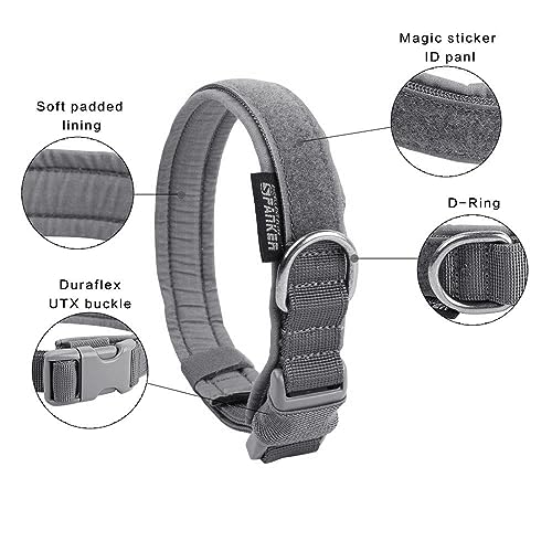 EXCELLENT ELITE SPANKER Tactical Nylon Padded Medium Dog Collar Adjustable | Heavy Duty Military Pet Collar Soft & Lightweight Quick-Release Buckle No-Choke for Medium and Large Breeds with Patches - color: Grey, size: M-(15.4"-19.3")