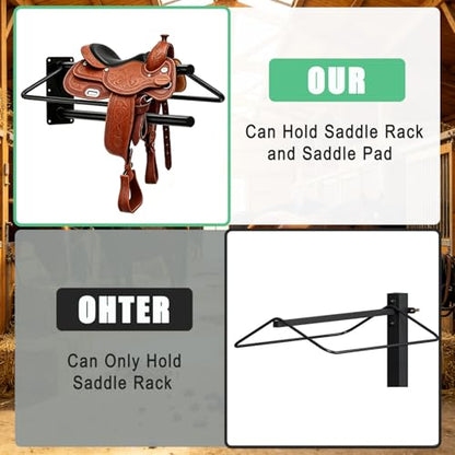 Youlina 4 Pack Wall Mounted Saddle Rack with Pad Bar, Heavy Duty Black Horse Saddle Stand for English & Western Saddles, Sturdy Storage for Saddle Pads & Blankets