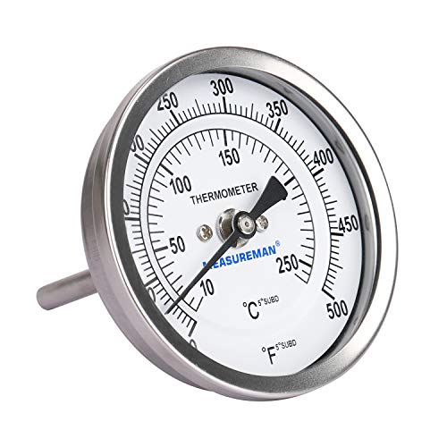 Measureman Fully Stainless Steel Bimetal Dial Thermometer, 3" Dial, 2-1/2" Stem, 50-500 deg F/10-260 deg C, -1% Accuracy, Adjustable, 1/2" NPT Back Mount - size: 3" Dial, 2-1/2" Stem, 50-500 deg F/10-260 deg C, style: 2-1/2" Stem