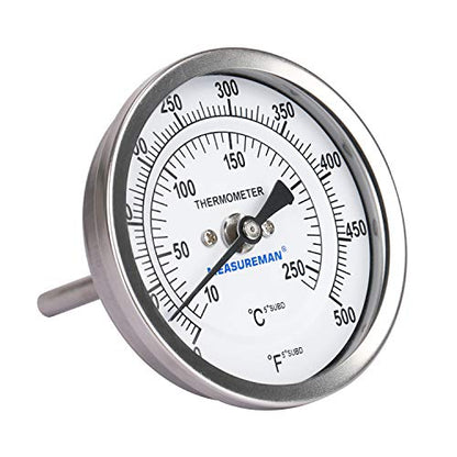 Measureman Fully Stainless Steel Bimetal Dial Thermometer, 3" Dial, 2-1/2" Stem, 50-500 deg F/10-260 deg C, -1% Accuracy, Adjustable, 1/2" NPT Back Mount - size: 3" Dial, 2-1/2" Stem, 50-500 deg F/10-260 deg C, style: 2-1/2" Stem