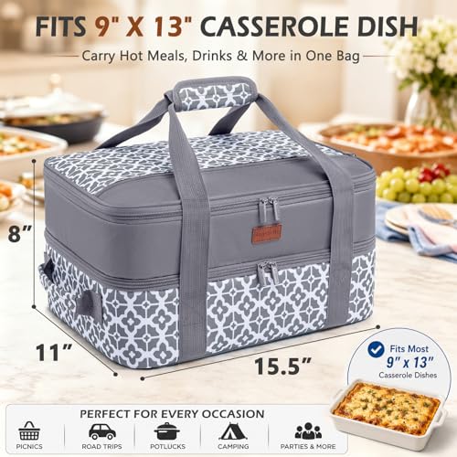 BAGSPRITE Double-Layer Insulated Casserole Carrier for 9" x 13" Baking Dish - color: Grey