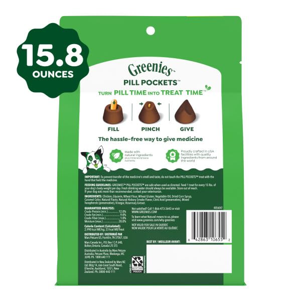Greenies Pill Pockets Large Size Dog Treats, Hickory Smoke, 15.8 oz | Capsule size, hickory smoke flavor, masks medicine odor, low calorie, stress-free, Dog Treat Pouch for Capsule Medication - size: 60 Count (Pack of 1)