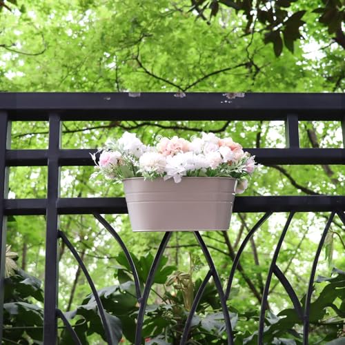 3 Pack Metal Railing Planters, 10.5" Oval Hanging Flower Pots with Detachable Hooks & Drainage Holes, Fits Rails up to 2.36", Galvanized Iron Fence Bucket for Balcony Garden Patio - Gray - color: Gray, size: 3 Pack, 10.5"L x 5.7"W x 4.7"H