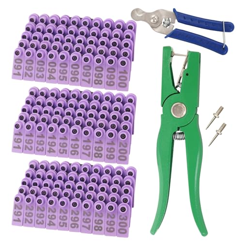 Sheep Ear Tag 001-300 Number Plastic Livestock Tags Goat with Punch Applicator Plier Tools and 2Pcs Ear Tag Pins (Purple, 001-300) - color: Purple, size: 001-300
