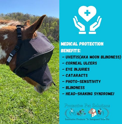 Solar Vizor Horse Fly Mask with Nose (Size Pony), Innovative Design - 100% UV Eye Protection for Horses with Uveitis, Photosensitivity, Ulcer, Head Shaking, Protects from Flies, Insects, Dust, Debris. - size: PONY