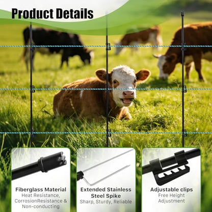 57 Inch / 4.8Ft Fiberglass Electric Fence Posts, 48 Pack with Double Spikes & 192 Clips - Heavy Duty Farm Garden Livestock Fencing | Holds Wire/Tape/Rope - color: Black, size: 57" 48 Posts-192 Clips