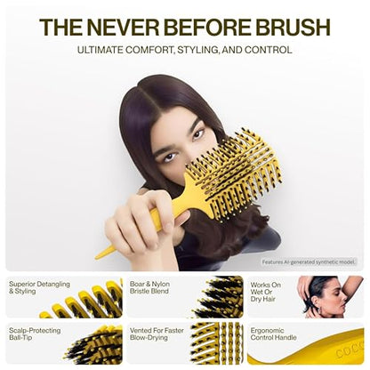 COCCO Aura Vent Boar Brush, Dual-Curved Design for Faster Drying - color: Yellow