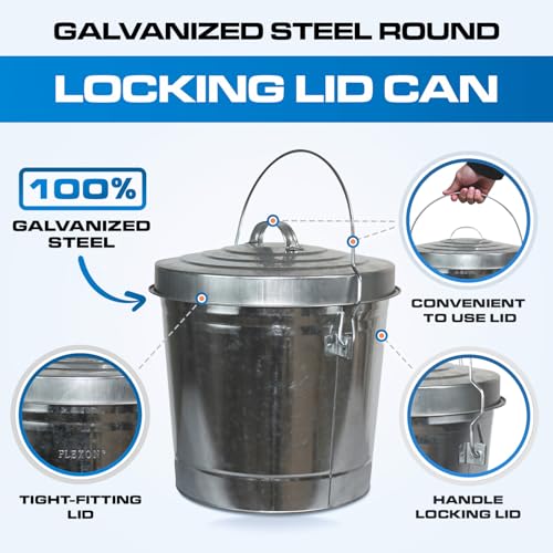 Plexon 6 Gallon Small Metal Trash Can with Lid Outdoor Locking Galvanized Metal Garbage Can with Lid for Poultry Feed Bird Seed Storage Ash Galvanized Bucket