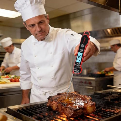 Professional Digital Meat Thermometer Instant Read Waterproof – Folding Probe Food Thermometer with Backlight & Calibration, Fast Read for BBQ, Grill, Deep Fry, Cooking, Liquids, Gift for Chef - color: Red