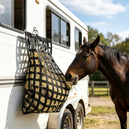 Slow Feed Hay Net for Horses, Durable Hay Feeder Net with O-Rings for Horses Goats Donkeys Sheep Full Day Feeding, Easy to Fill & Hang, Large Capacity, 37" x 30", 2" Holes, Black