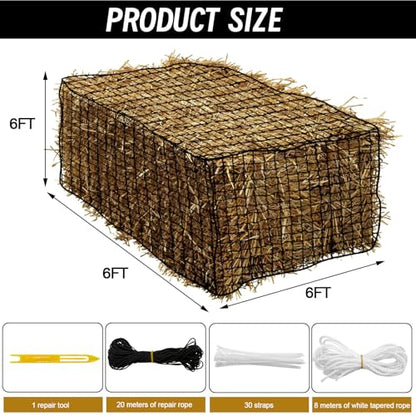 Heavy Duty Slow Feed Hay Net for Horses, 6x6x6 Ft Round Bale Hay Feeder Net - size: 6x6 Ft