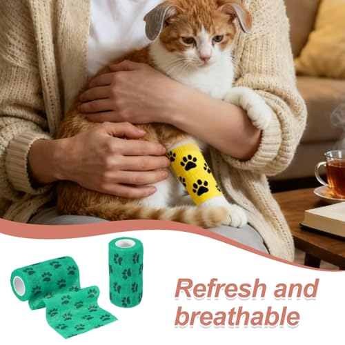 Pet Wrap Bandages, 4 Inch 5 Yard Self Adhesive Bandage Wrap, Pet Non-Woven Tape First Aid Cohesive Gauze, (Green/Paw, 2 Pcs), Intended for Dog/Cat/Bird/Legs/Paws/Wound - color: Green, size: 4 inch