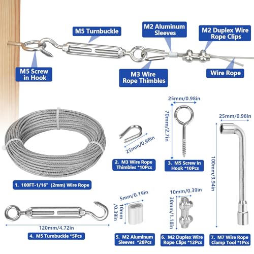 TooTaci 1/16 Wire Rope Kit, 100ft Vinyl Coated 304 Stainless Steel Cable - style: 100ft 1/16" Wire Rope with Clamps