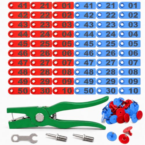 Livestock Ear Tags100pcs with Ear Tagger Pliers Tool - color: Blue and Red