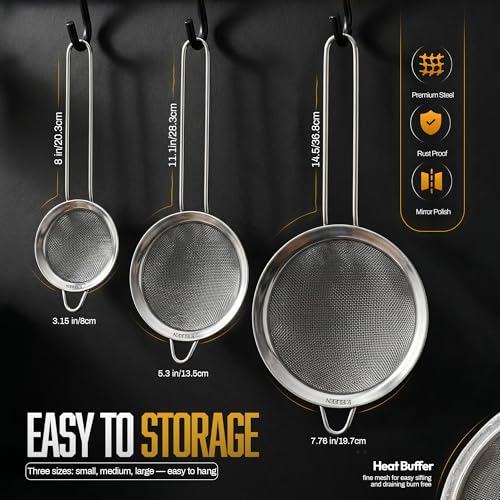 ELEEN Premium Stainless Steel Fine Mesh Strainers for Kitchen 3-Piece Set with Non-Slip Handle, Small, Medium & Large Sieves, Colanders and Sifter for Sifting, Straining, Pastas Tea, Rice Vegetables