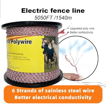 Upgraded Electric Fence Polywire,Fence Rope 6 Stainless Steel Strands for Reliable Conductivity and Rust Resistance UV Rust Resistant, 5050 Feet/1540 Meters,Red and White Color