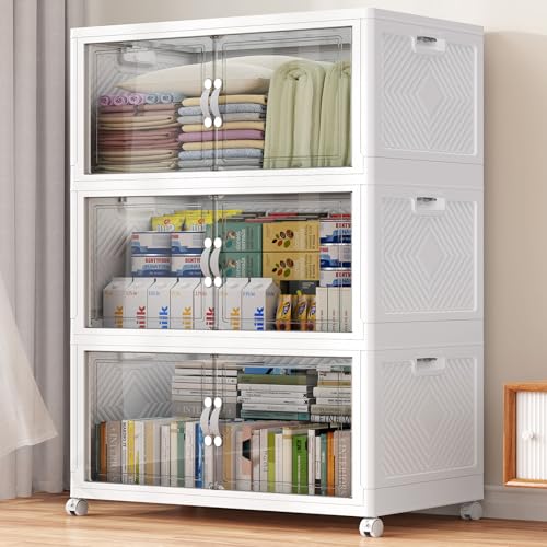 BROVIEW 480QT Large Stackable Storage Bins with Clear Doors, V20 3Pack | 120Gal Plastic Closet Organizer Cabinet with Lid and Wheels, Collapsible Latch Box Folding Drawer for Home, White - size: 160QT-3Pack