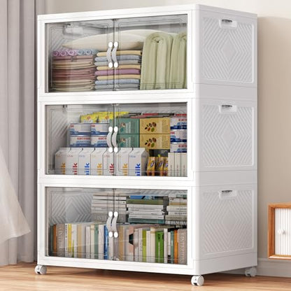 BROVIEW 480QT Large Stackable Storage Bins with Clear Doors, V20 3Pack | 120Gal Plastic Closet Organizer Cabinet with Lid and Wheels, Collapsible Latch Box Folding Drawer for Home, White - size: 160QT-3Pack