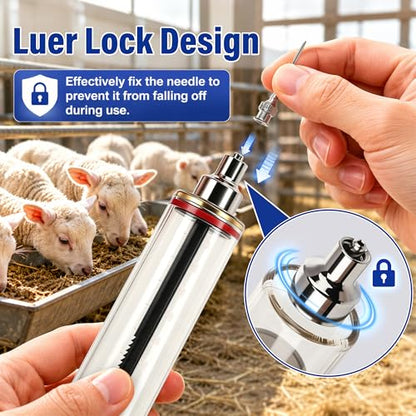 50ML Livestock Syringe, 5 Gears Adjustable Semi Automatic Livestock Syringe, Repeating Luer Lock for Cattle Cow Sheep Pig Chickens Ducks Goose