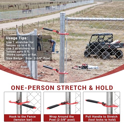 Chain Link Fence Stretcher Tool, Fits 2-3/8" OD Posts, Wire Puller Stretcher & Fence Tensioner for Woven Wire Fence, 9” Pull Range, One-Person Operation, 2 Pack - color: 2 Pack, size: 2-3/8'' OD