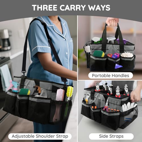 ZKOO Large Cleaning Caddy Bag with Handle, Built-in Sturdy Support Board, Adjustable Shoulder Strap, Multi-compartment Design Cleaning Supply Tote for Cleaners & Housekeepers (Gray) - color: Gray