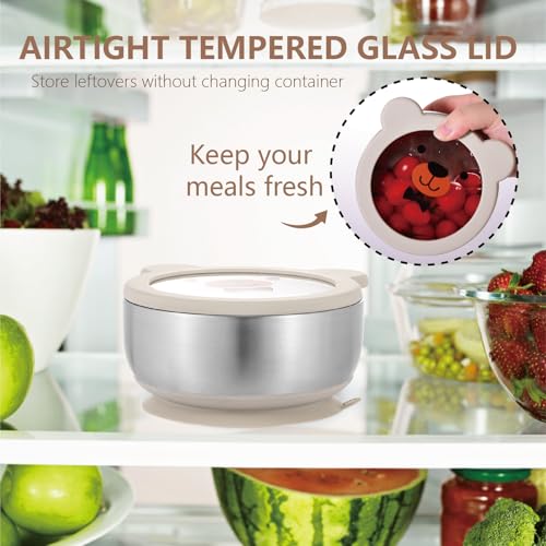 MR. CHOU Baby Bowls with Non-Slip Silicone Suction Cup, Insulated Double-Layer 18/8 Stainless Steel Toddler Bowls with BPA Free Airtight Lids, Food-Grade Silicone Safe for Kids (Beige) - color: Beige