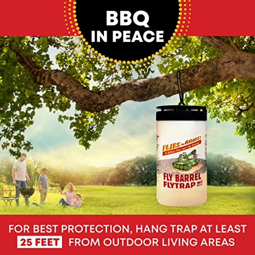 Flies Be Gone Outdoor Fly Trap 6-Pack - Reusable Container, Patent Pending Screw Lid, Suspension Strap & 12 Protein-Powered Attractant Packs - Best Fly Catcher for Outdoor Home and Commercial Use.