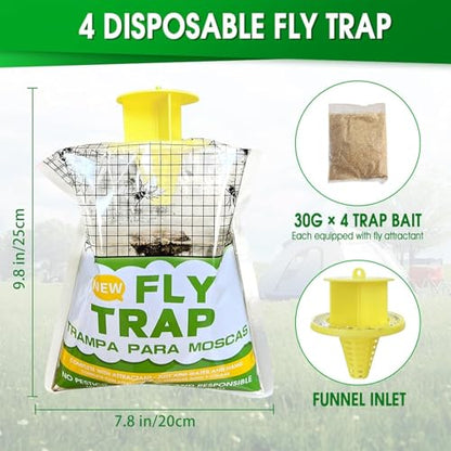 Hanging Fly Traps for Outdoors 4 Pack, Natural Disposable Fly Bags, Non-Toxic Fly Killer Catcher for Outside Yard, Trash Cans, Horse Stables, Barns, Pastures, Farm, Porch & Perimeter Defense.
