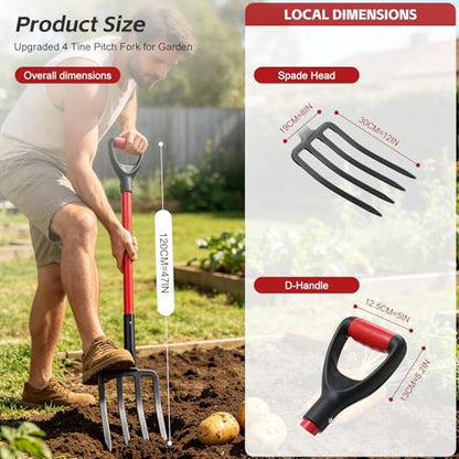 47IN Garden Pitchfork, One-piece Design 4-Tine Garden Fork Heavy Duty Digging Manure Forks for Potato Digging Mulch Spreading Loosening Soil Hay Compost Aeration Transplanting Farm Garden
