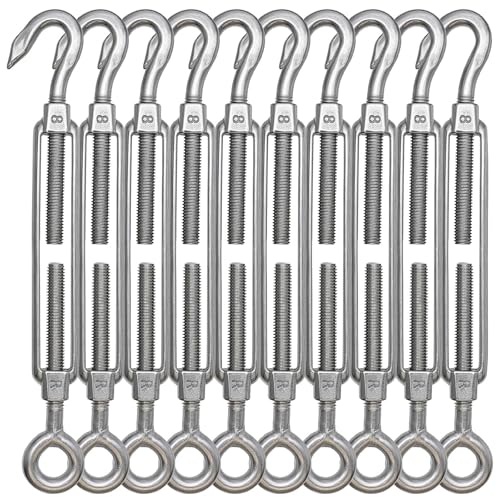 TooTaci 10PCS M8 Turnbuckle, 304 Stainless Steel Turnbuckle Hook and Eye | Turnbuckle Wire Tensioner, 440 lb Heavy Duty Adjustable Turnbuckles for Cables Wire, Cable Tightener, Trampoline, Tent, Tarps - size: M8 OC-10Pcs