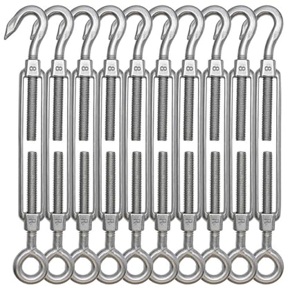 TooTaci 10PCS M8 Turnbuckle, 304 Stainless Steel Turnbuckle Hook and Eye | Turnbuckle Wire Tensioner, 440 lb Heavy Duty Adjustable Turnbuckles for Cables Wire, Cable Tightener, Trampoline, Tent, Tarps - size: M8 OC-10Pcs