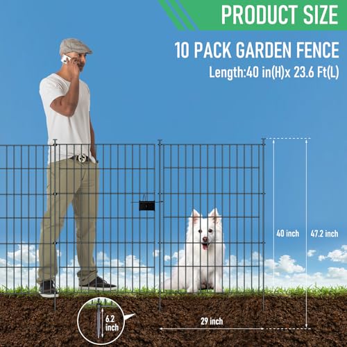 10 Panel No Dig Metal Garden Fence 40"H x 23.6'L Dog Fence Outdoor for Yard | Rustproof welded metal with ground stakes for outdoor yards, patios. Modular design restrains pets, rabbits and small animals - size: 10 Panels-23.6 ft(L) X 40 in(H) with Gate