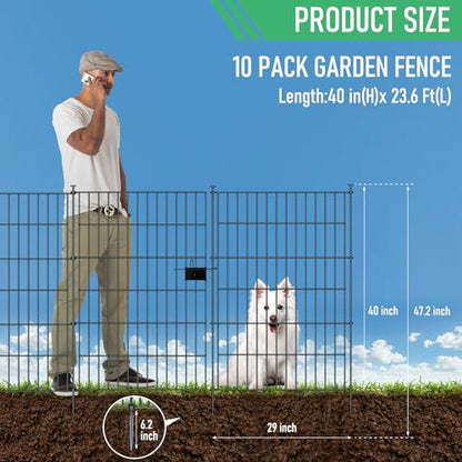 10 Panel No Dig Metal Garden Fence 40"H x 23.6'L Dog Fence Outdoor for Yard | Rustproof welded metal with ground stakes for outdoor yards, patios. Modular design restrains pets, rabbits and small animals - size: 10 Panels-23.6 ft(L) X 40 in(H) with Gate