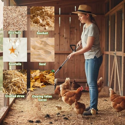 12 Inch Chicken Poop Scooper & Rake 2-in-1,5 Adjustable Levels 24.4" to 77.2" Chicken Coop Scooper for Cleaning,Shovel Metal Head, Chicken Coop Rake and Scoop with Handle,Stainless Steel