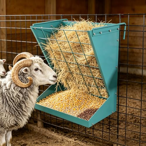 2 in 1 Wall Mount Hay and Grain Feeder, 25 Gallons Livestock Feeder | Galvanized Steel Wall Hay Rack, Hanging Hay Feeder with Mounting Kit for Goats Sheep Horse, Slow Feeder for Goats with Trough