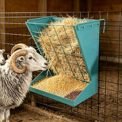 2 in 1 Wall Mount Hay and Grain Feeder, 25 Gallons Livestock Feeder | Galvanized Steel Wall Hay Rack, Hanging Hay Feeder with Mounting Kit for Goats Sheep Horse, Slow Feeder for Goats with Trough