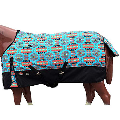 Waterproof Horse Turnout Sheet Hilason 1200D Rip-Stop Lightweight Rain Sheet with Belly Wrap Taffeta Lining Shoulder Gussets - color: Turquoise Aztec With Black, size: 81 in