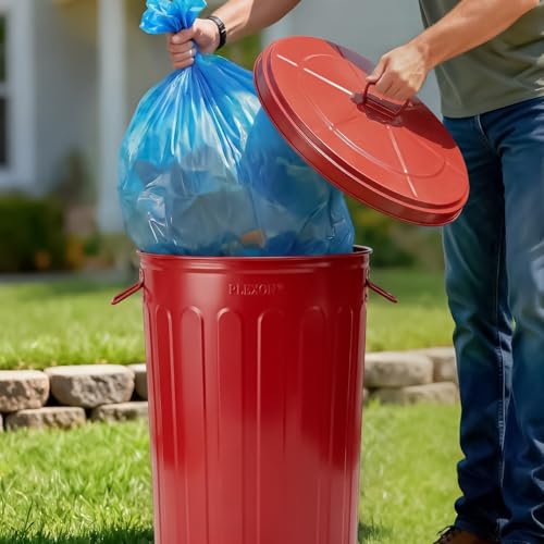 Plexon 20 Gallon Metal Trash Can with Lid Outdoor Large Trash Bin Steel Garbage Can for Garage Patio Farmhouse Bucket Bird Seed Storage Can Heavy Duty Round Container, Red - color: Red