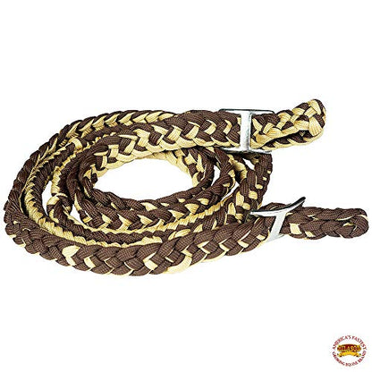 HILASON 1" X 8Ft Braided Poly Barrel Reins Horse Racing Flat Grip Knots - color: Brown Tan