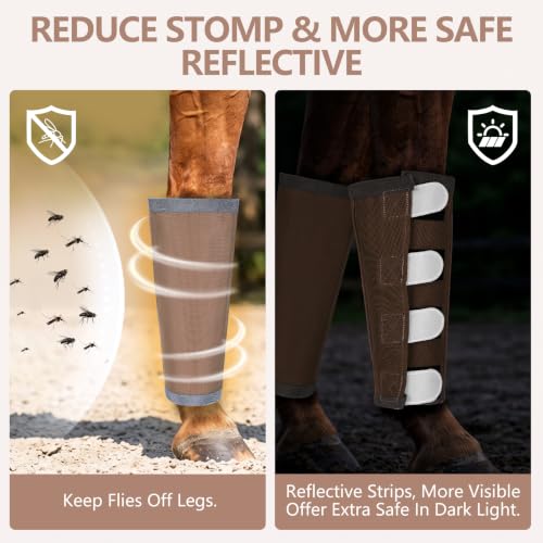 Fly Boots for Horses Set of 4 with Reflective Vercros, Loose Fitting Mesh Horse Fly Boots Leggings, Adjustable Equine Leg Wraps & Socks, Stay Up Not Sag, No Rub - color: Camel