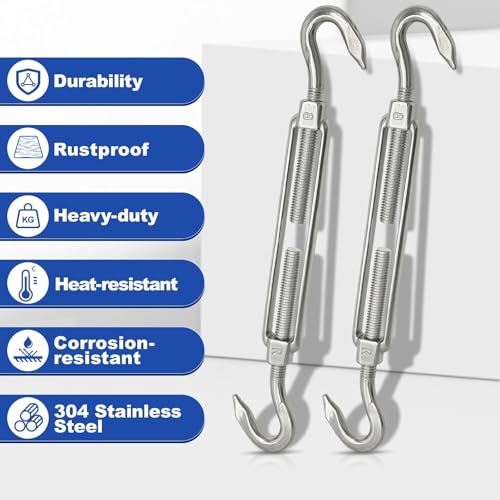 TooTaci 10PCS M8 Turnbuckle, 304 Stainless Steel Turnbuckle Hook and Hook | Turnbuckle Wire Tensioner, 440 lb Heavy Duty Adjustable Turnbuckles for Cables Wire, Cable Tightener, Trampoline, Tent, Tarps - size: M8 CC-10Pcs