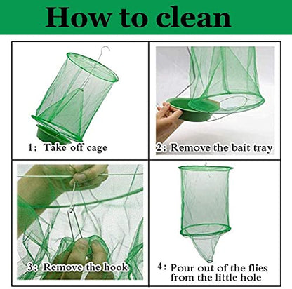 Ranch Fly Trap Outdoor Hanging Reusable with Fishing Apparatus | Food Bait Tray Catcher Cage for Indoor or Outdoor Family Farms, Park (4 Pack)