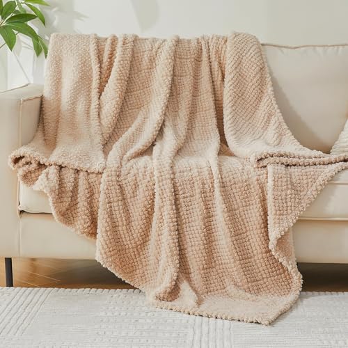 EMME Fleece Blanket, 3D Jacquard Throw Blanket for Couch and Bed, Soft Cozy and Fluffy Blankets Lightweight Luxury Flannel with Waffle Design (Beige, 80" x 90") - color: 02-waffle-beige, size: Queen
